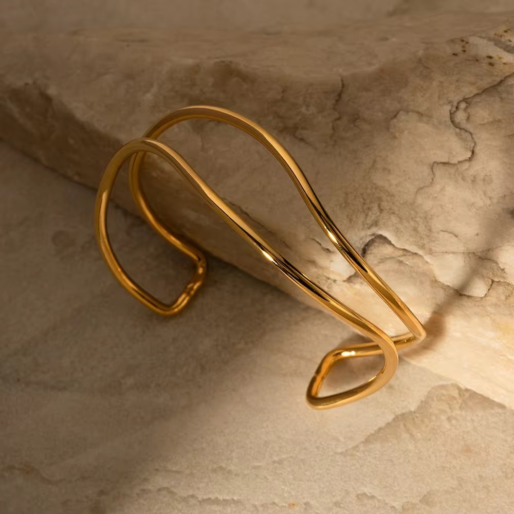 18K Gold Plated Line jewelry Minimalist Opening Double Layer Bangle